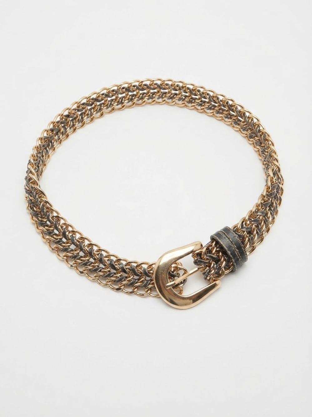 80s/90s Vintage Gold Chain Link Belt with Buckle Woven Details Boho Grunge